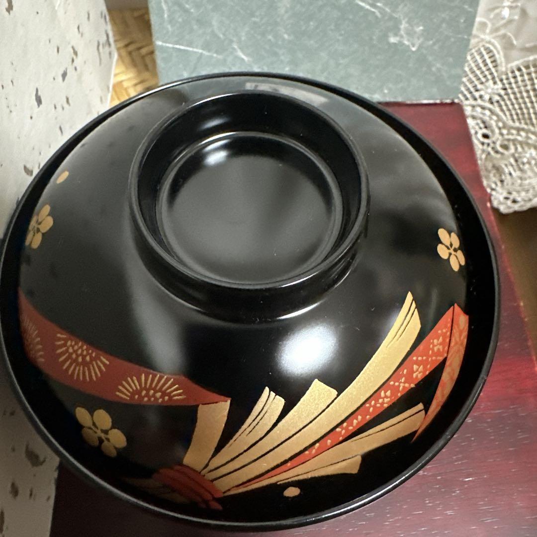 本うるしぬり 漆器 年輪 御殿 蓋付き吸物椀 5客セット 未使用