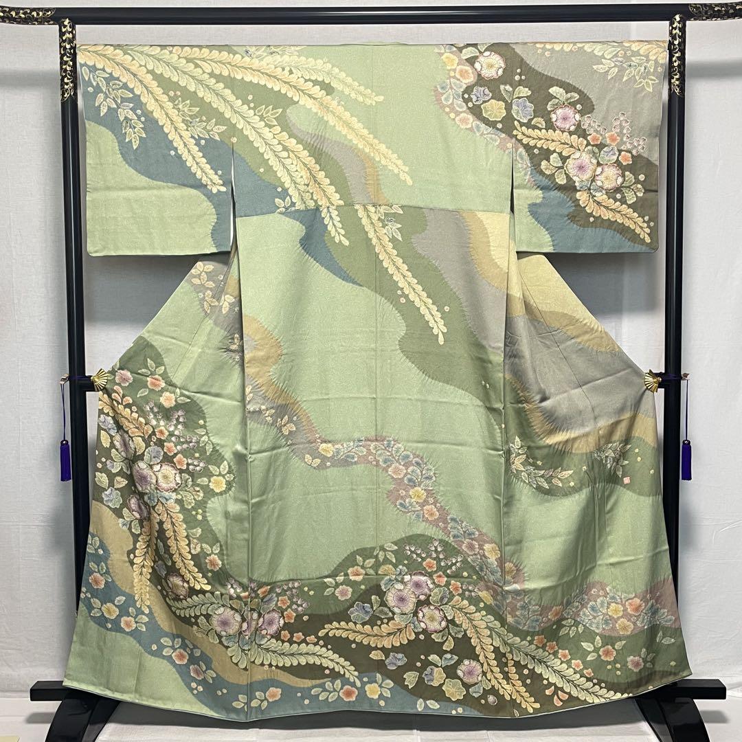 超美品　正絹　袷　絞り訪問着　辻ヶ花　着物167  銀通し　トールサイズ　カーキ 超美品 正絹 袷 絞り訪問着 辻ヶ花 着物167 銀通し トール