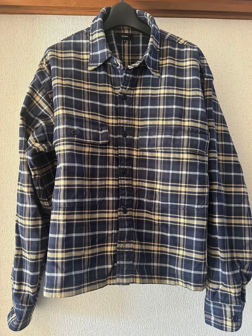 BEAMS シャツジャケットM ネイビー イエロー チェック コットンM BEAMS