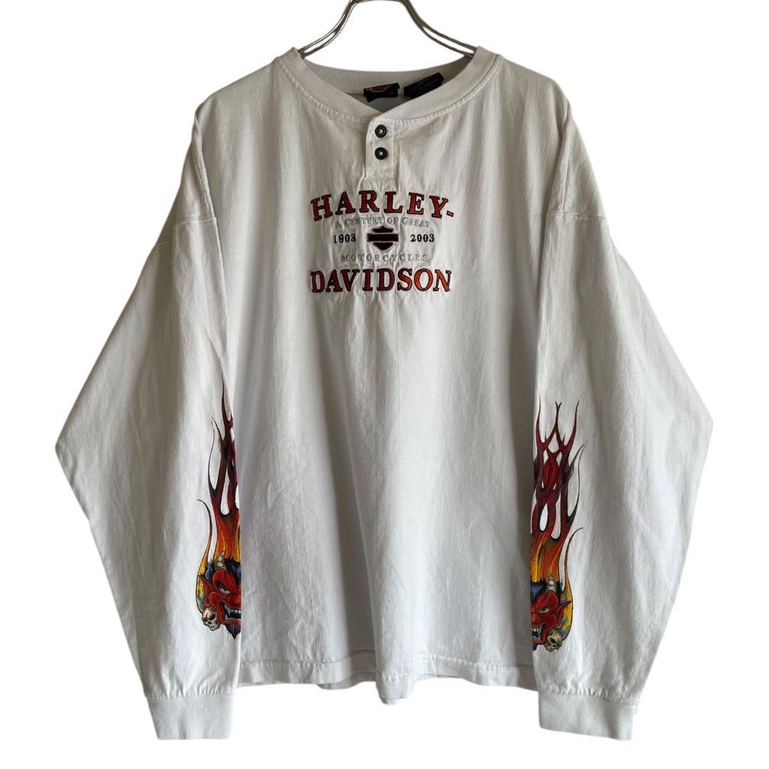 00s Harley-Davidson ロンT 長袖Tシャツ フレイム 炎 白