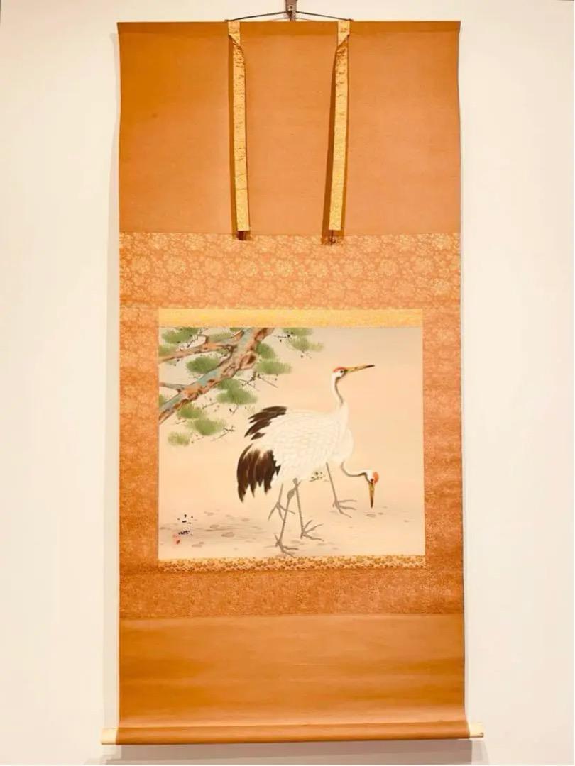 2435 「双鶴」 極箱 肉筆 絹本 日本画 掛軸 縁起物 おもてなし 2903「松に双鶴」 共箱 肉筆 絹本 日本画 掛軸 おもてなし