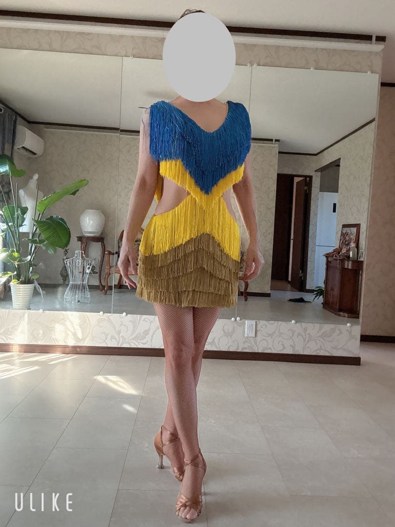 社交ダンス　フリンジ　ラテンドレス　ブルー✖️イエロー✖️ゴールド Ｍ