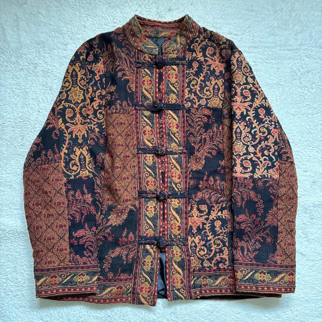 80〜90s チャイナジャケット チャイナシャツ 多色模様 刺繍L