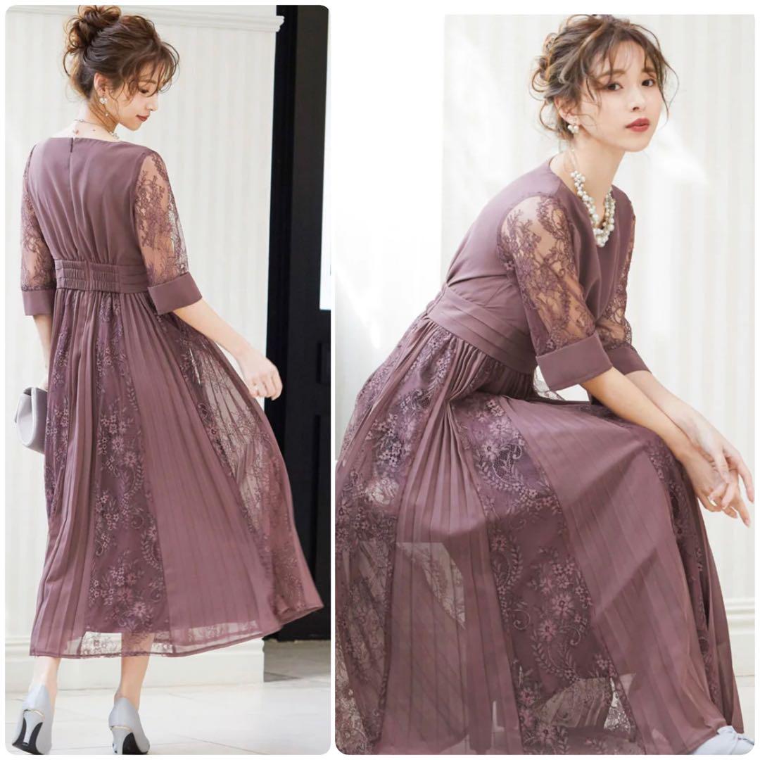 美品 niana プリーツ×レース 7分袖結婚式ワンピースドレス L