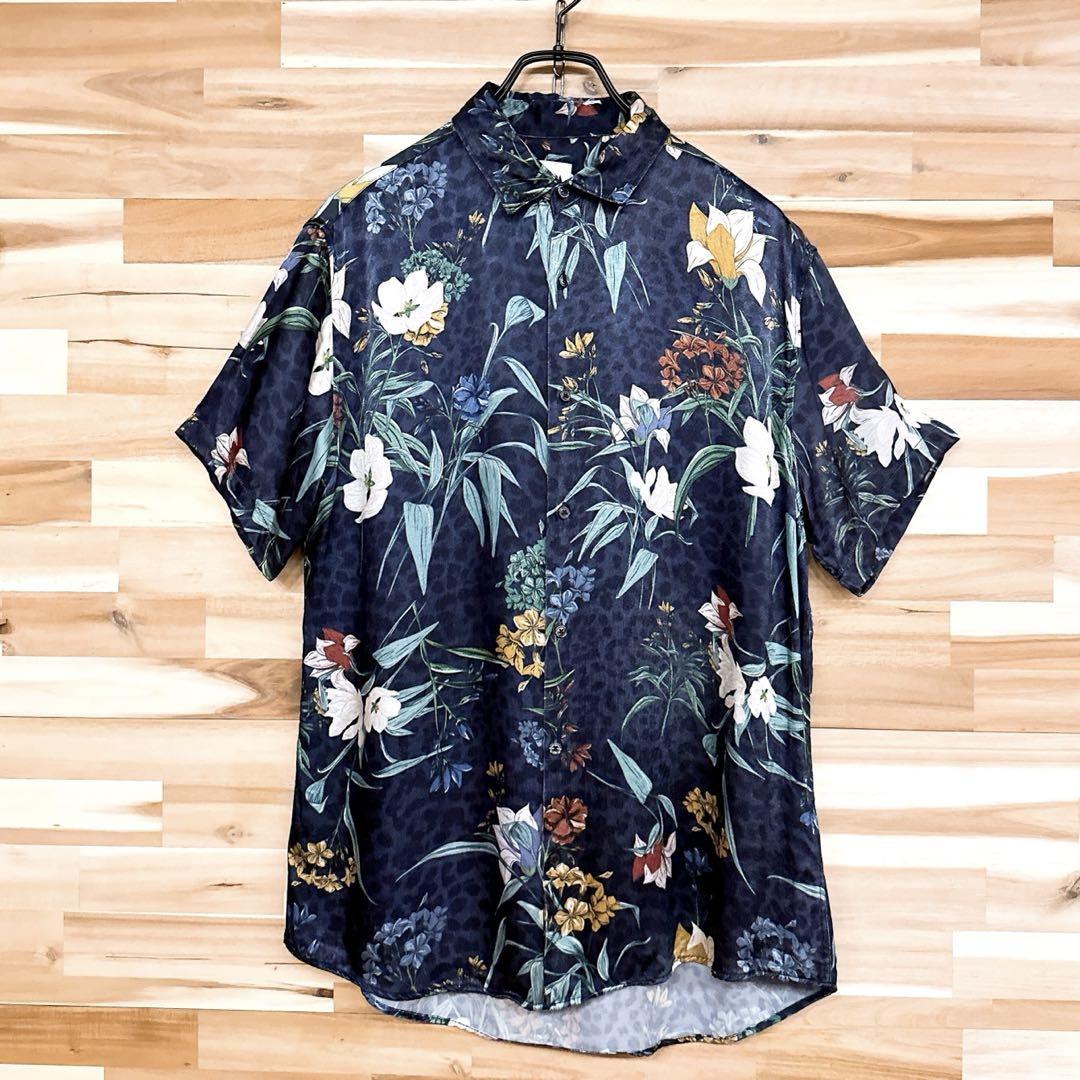 【ザラ】レーヨン サテン 花柄 フラワー 半袖シャツ カラフル 光沢 M 紺×緑