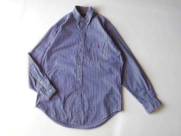 ボン　90sビンテージ ラルフローレン ロゴ刺繍 チェック BDシャツ 90s ラルフローレン BDチェックシャツ XL グリーン 緑 紺 刺繍