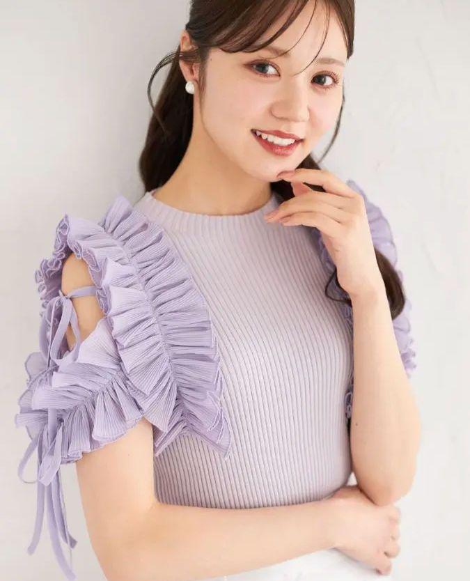 りぼん付きプリーツシフォンフリル切り替えリブニットプルオーバー ラベンダー