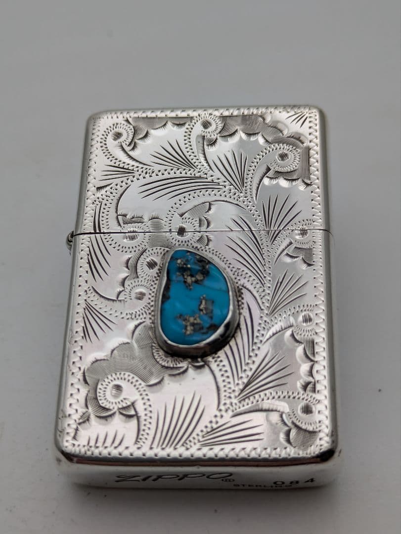 ジッポー　スターリングシルバー　イタリック　084 ターコイズ　手彫り　両面加工