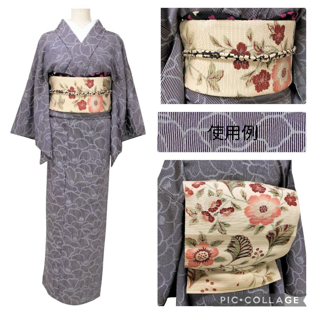 単衣】アンティークお召 花尽くし模様 縞 紫 青 夏着物 夏椿