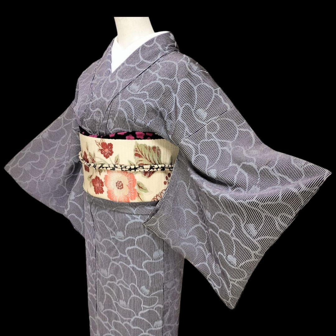 単衣】アンティークお召 花尽くし模様 縞 紫 青 夏着物 夏椿