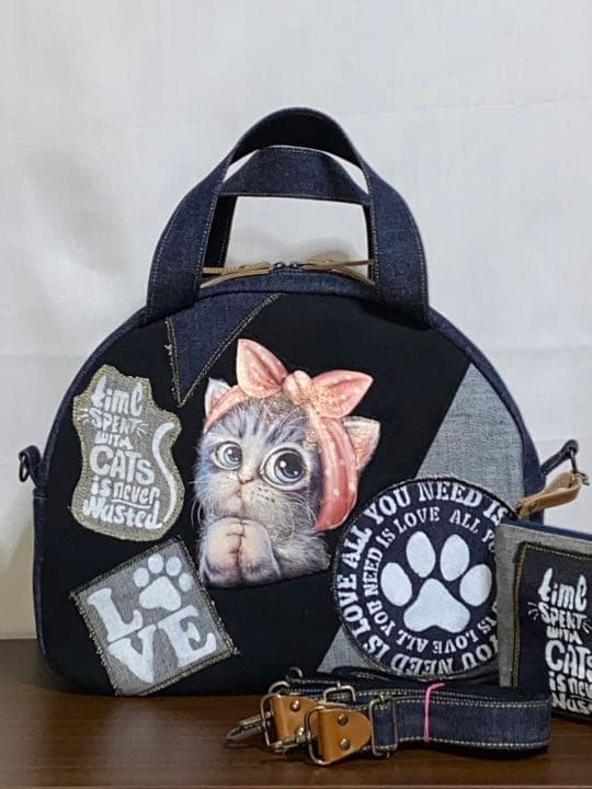 ☆ハンドメイド☆岡山デニム☆ステンシル☆ネコ☆扇型4wayボストン