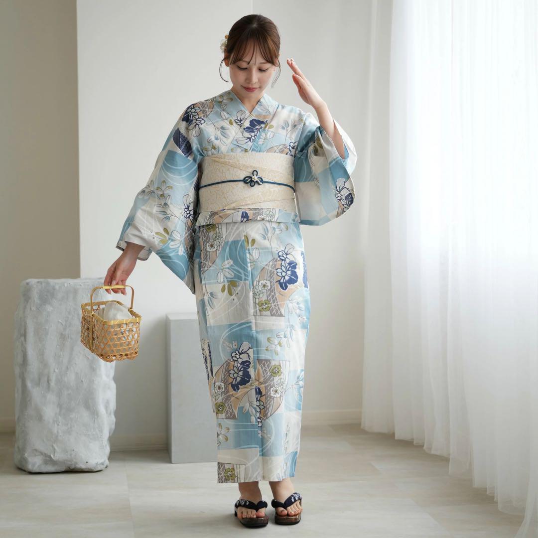 ★新品 3L4L5L 浴衣2点セット utatane 水色の市松に菖蒲 萩 撫子