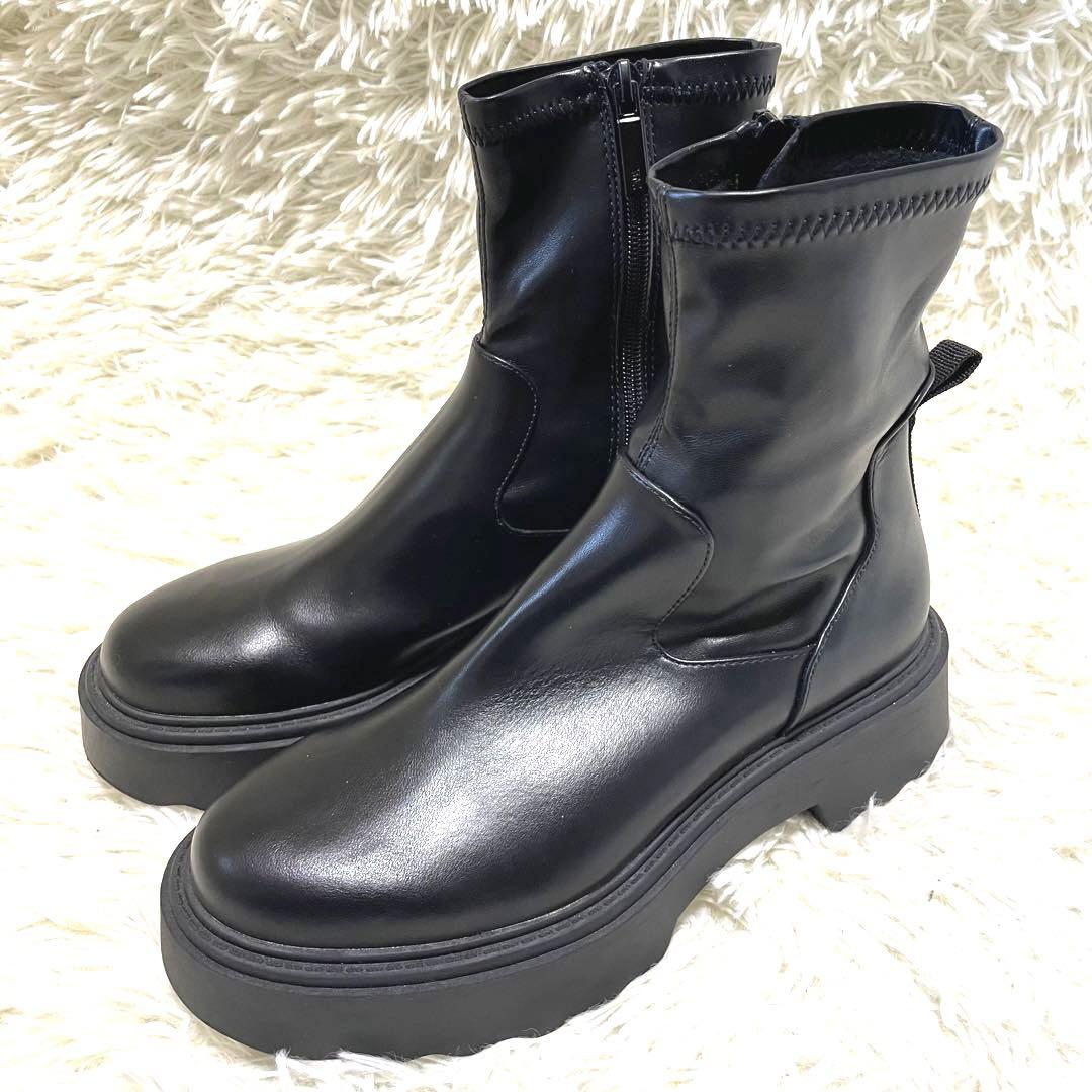 ZARA チャンキーソール　トラックソール　厚底サイドジップブーツ　黒　24.5