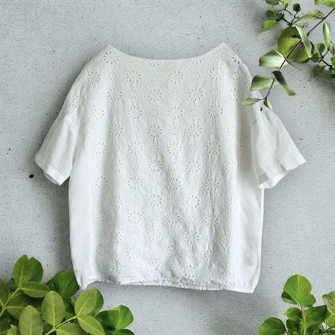 ビアズリー 半袖ブラウス カットワーク 刺繍 リネン コットン 白 ゆったり