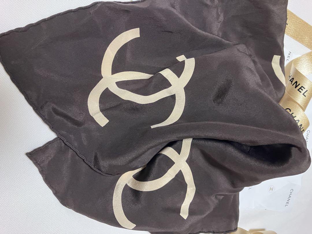 美品CHANEL シャネルココマーク シルク100% スカーフ ブラウン系