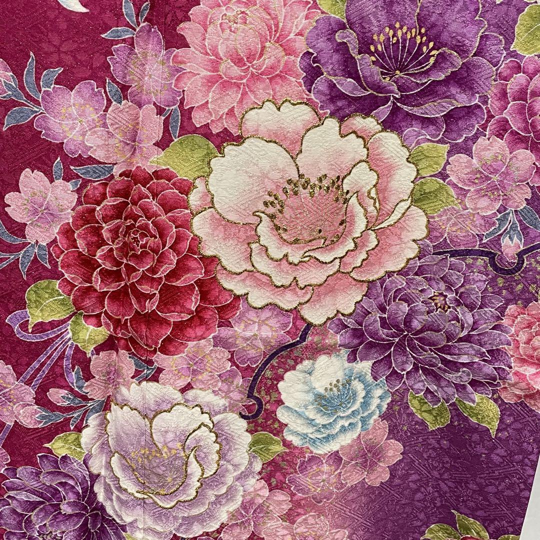 D69  振袖　牡丹　椿　花模様　金通し　正絹　着物　袷　極美品