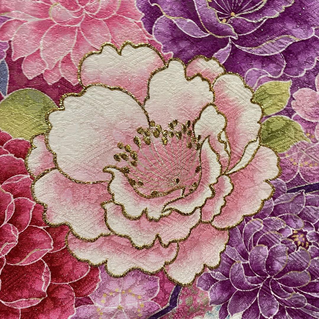 D69  振袖　牡丹　椿　花模様　金通し　正絹　着物　袷　極美品