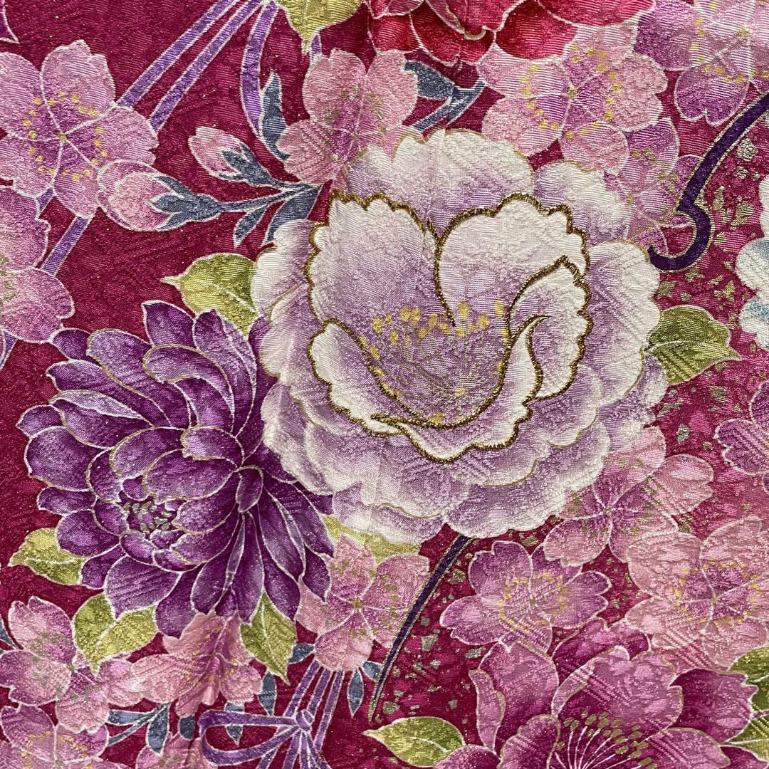 D69  振袖　牡丹　椿　花模様　金通し　正絹　着物　袷　極美品