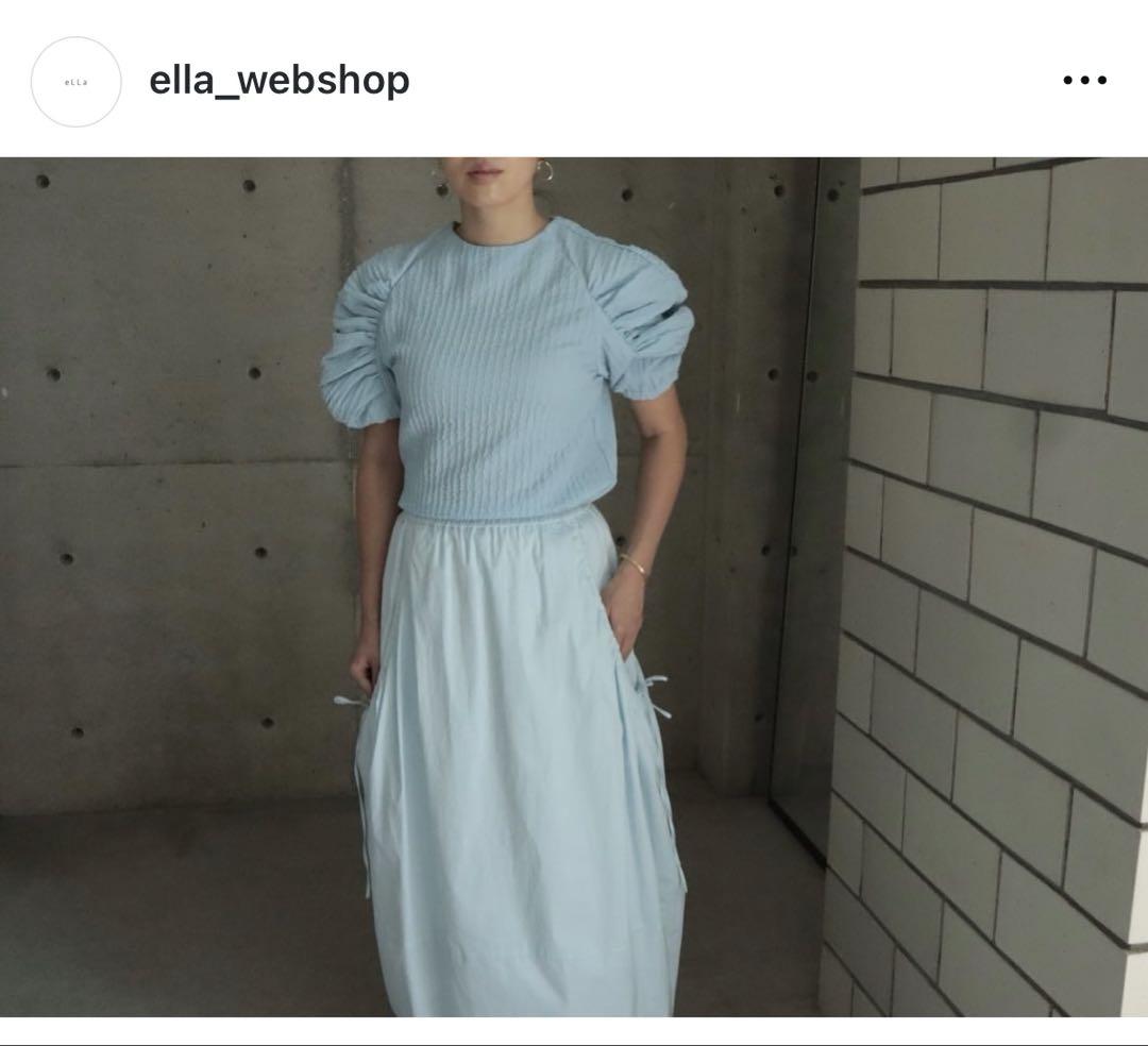試着のみ eLLa 水色 七分袖 くしゅくしゅ素材 ギャザーショルダーブラウス