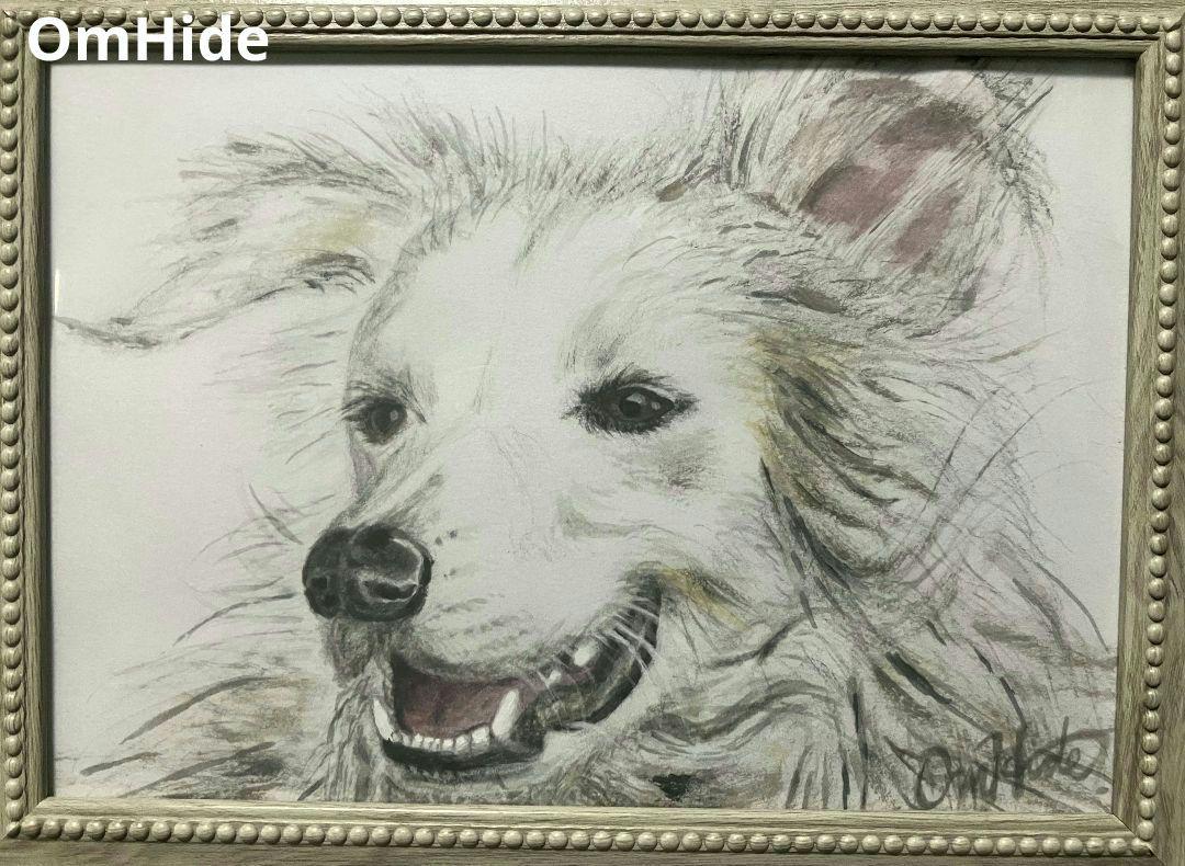 ♡手描き♡水墨画♡額付き♡ 親子の犬 美品 水墨画 犬 和風 木製額 ガラス 38×41.5㎝の通販 by