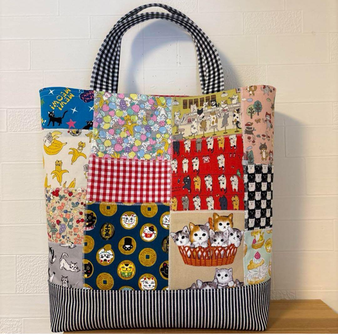 限定出品　パッチワーク　トートバッグ　猫柄