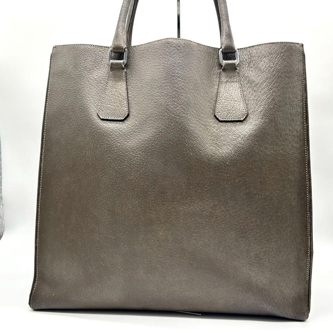 プラダ PRADA トートバッグ 三角ロゴ スクエア レザー グレージュ メンズ