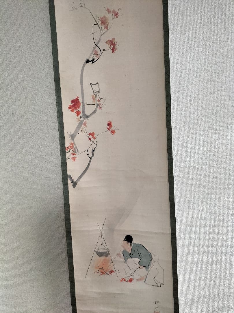 掛け軸 絹本 松本楓湖作「楓ト人物」明治大正期 真筆 日本画家 尊皇家 骨董 掛け軸 絹本 松本楓湖作「楓ト人物」明治大正期 真筆 日本画家 尊皇家 骨董