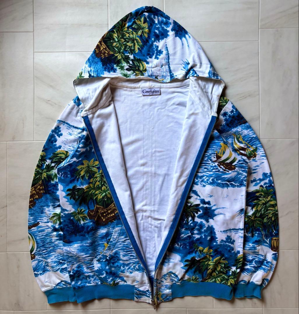【日本製】 コアファイター ジップアップパーカー 総柄 アロハ Mサイズ 【日本製】 コアファイター ジップアップパーカー 総柄 アロハ Mサイズ
