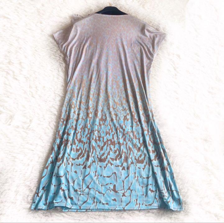 7 HIROKO KOSHINO ヒロコ コシノ 総柄ワンピース 肩リボン L 【絶品】 ヒロココシノ☆ ブルー系 日本製 38 ワンピース 7分袖 花柄 総柄 ひざ丈ワンピース