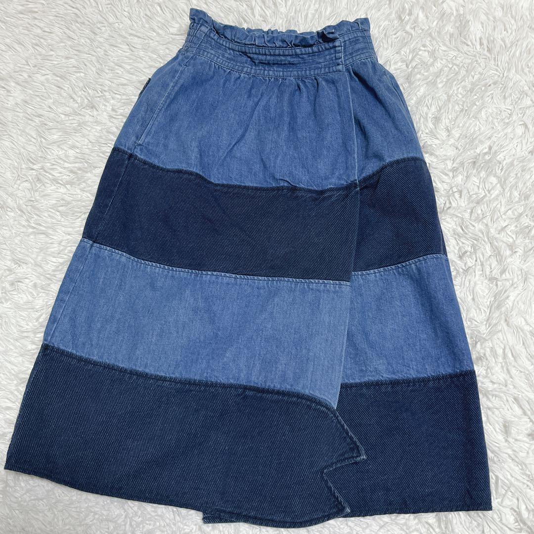 【美品】ツモリチサト デニムスカート M ラップスカート 切り替え ボーダー