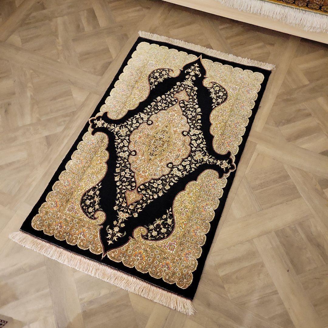 94x60cmペルシャマット(624)絹100%・クム産・絨毯・ギャッベ・ラグ