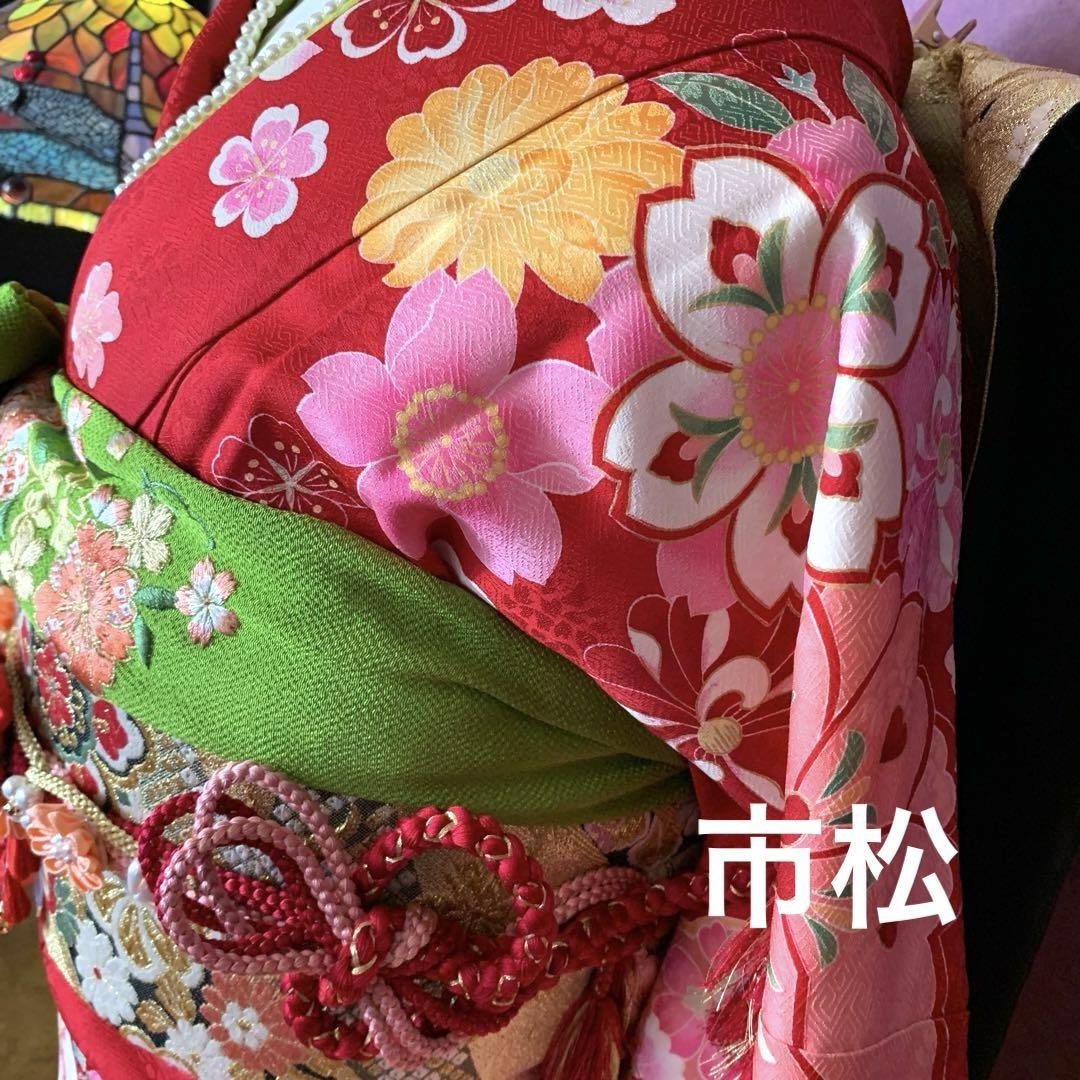 成人式　正絹華やか赤振袖&袋帯等お得な6点セット