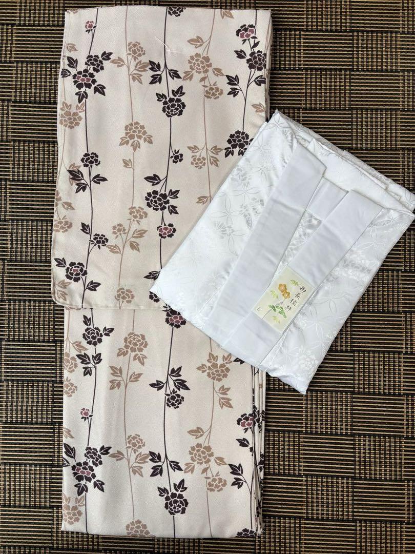 【新品】洗える！ 小紋&長襦袢セット 袷 袖無双 Lサイズ 牡丹唐草