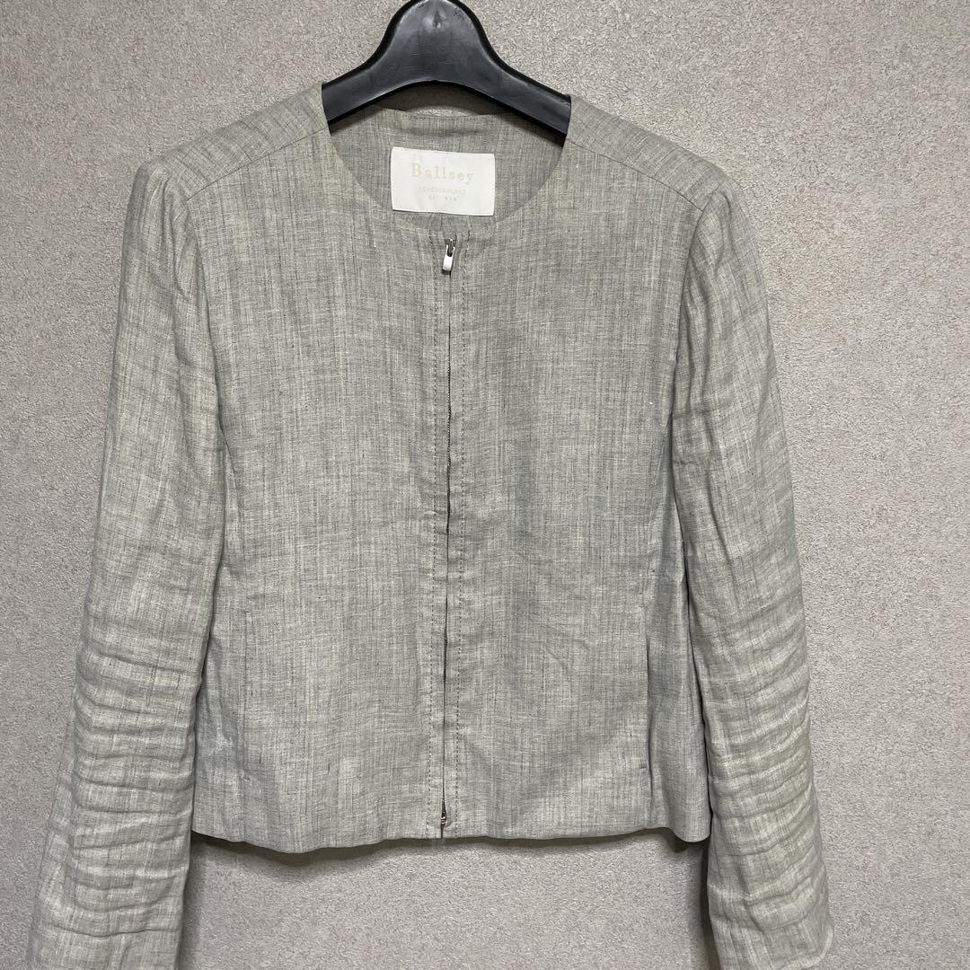 ボールジィ グレー　モカ　ストレッチ リネン混カラーレス ノーカラー ジャケット