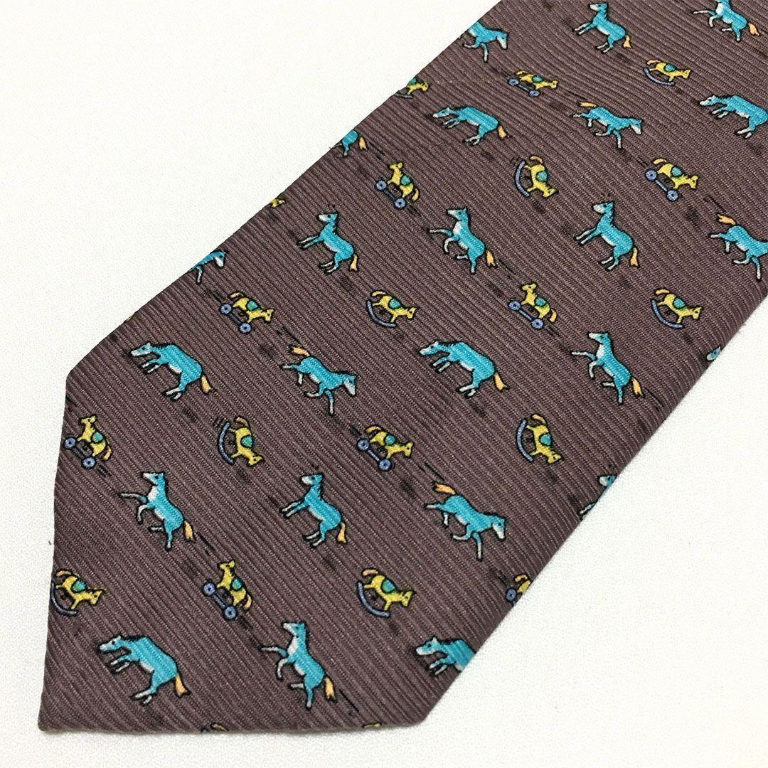 未使用級 エルメス HERMES ネクタイ シルク ブラウン アニマル柄 ホース 未使用級 エルメス HERMES ネクタイ シルク ブラウン アニマル柄 ホース