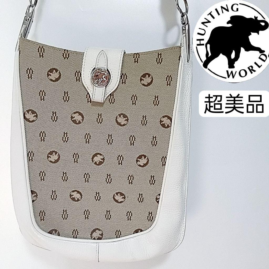 超美品　ハンティングワールド ショルダーバッグ 斜め掛け レザー ロゴ　白