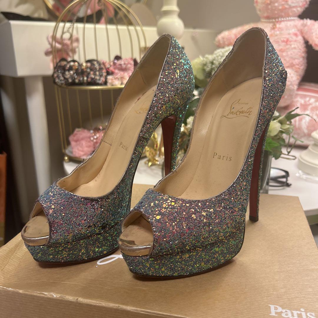 Christian Louboutin グリッター オープントゥ ハイヒール