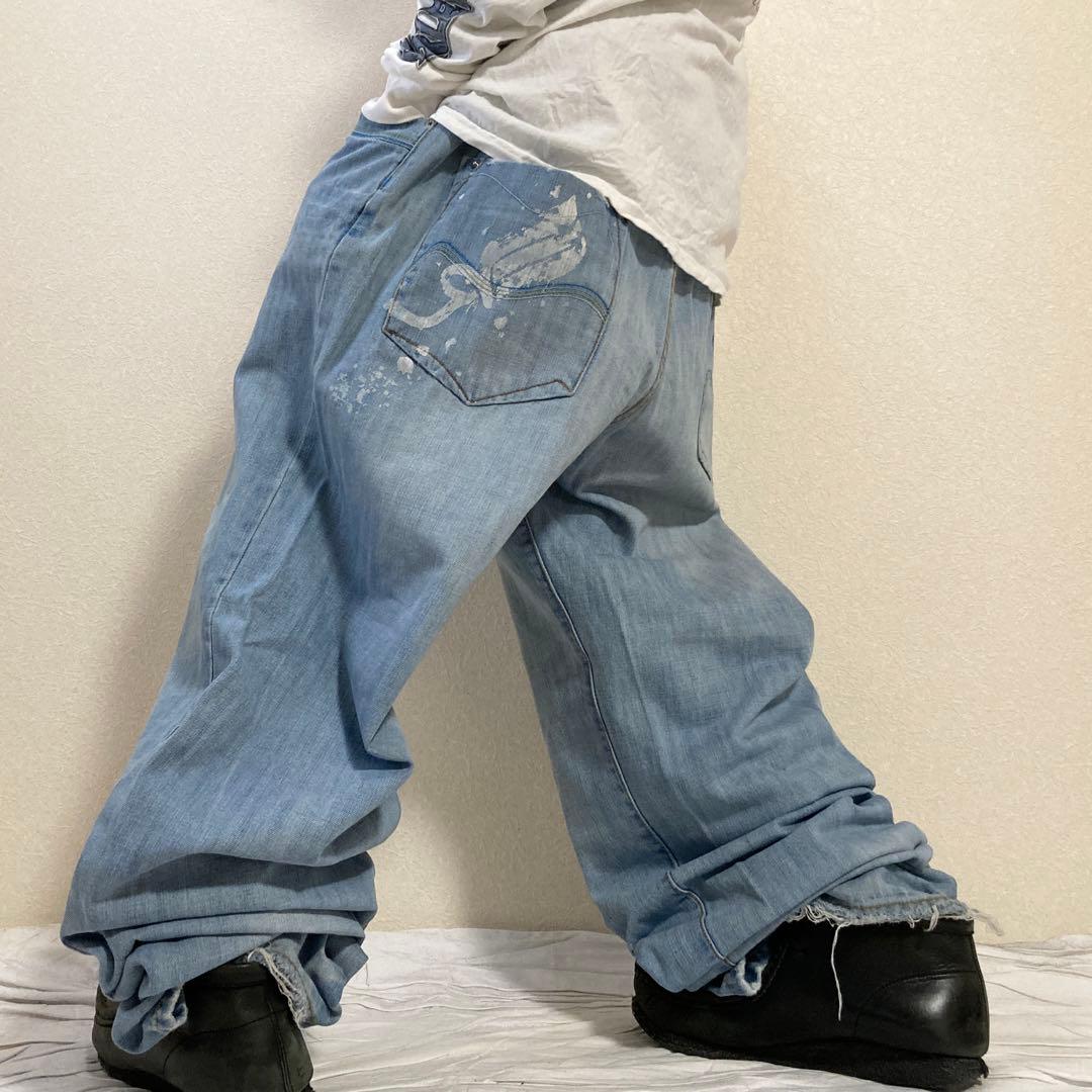 保証書付】 ワイド W40 ロカウェア 極太 00s デニム ペンキ b系 バギー