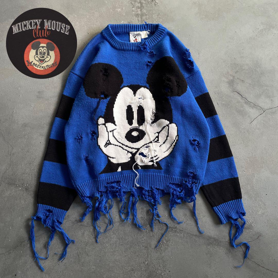 90's ☆ old Mickey☆青/黒☆grange Boro knit