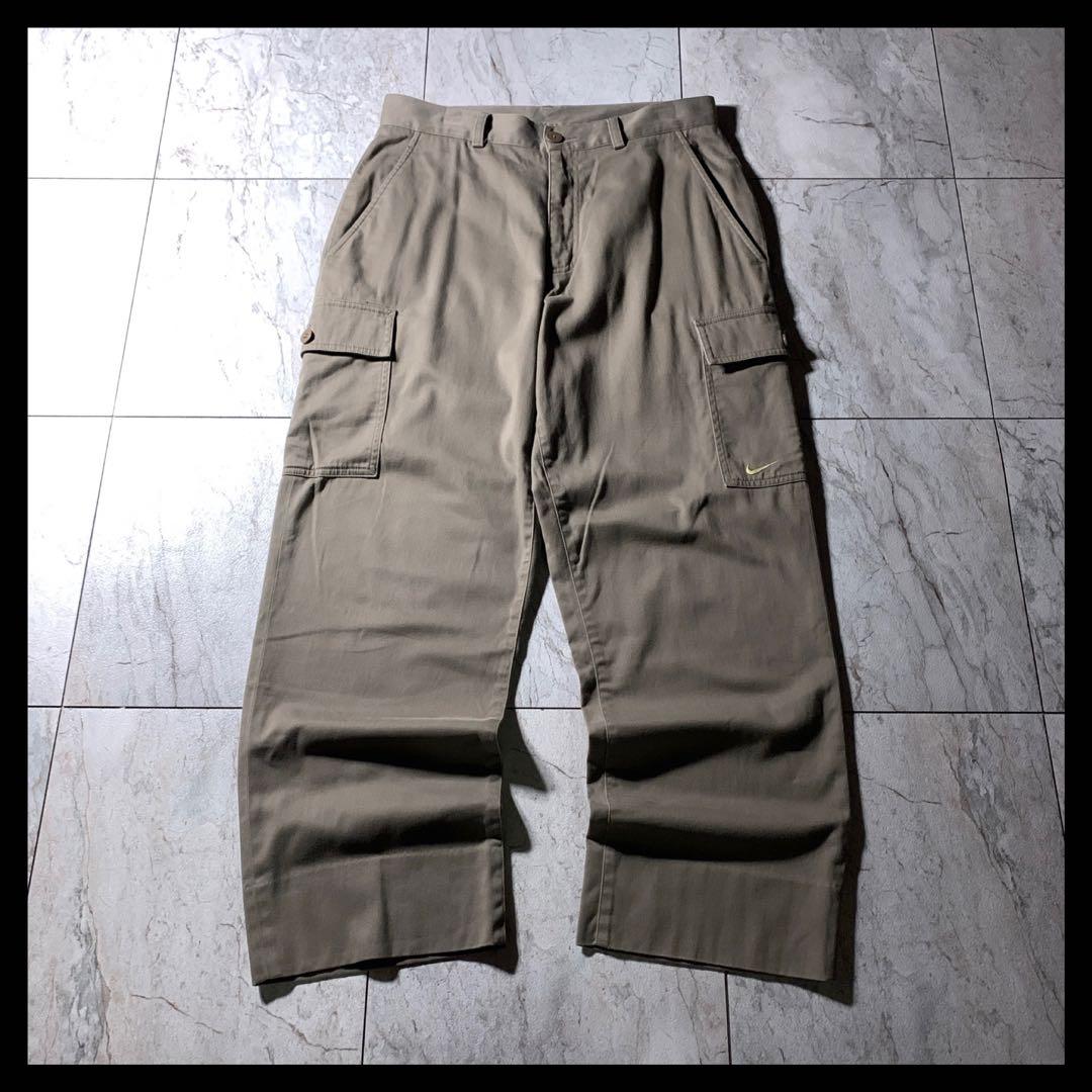 00s NIKE ワイド チノ カーゴパンツ カーキ オリーブ W31 刺繍ロゴ