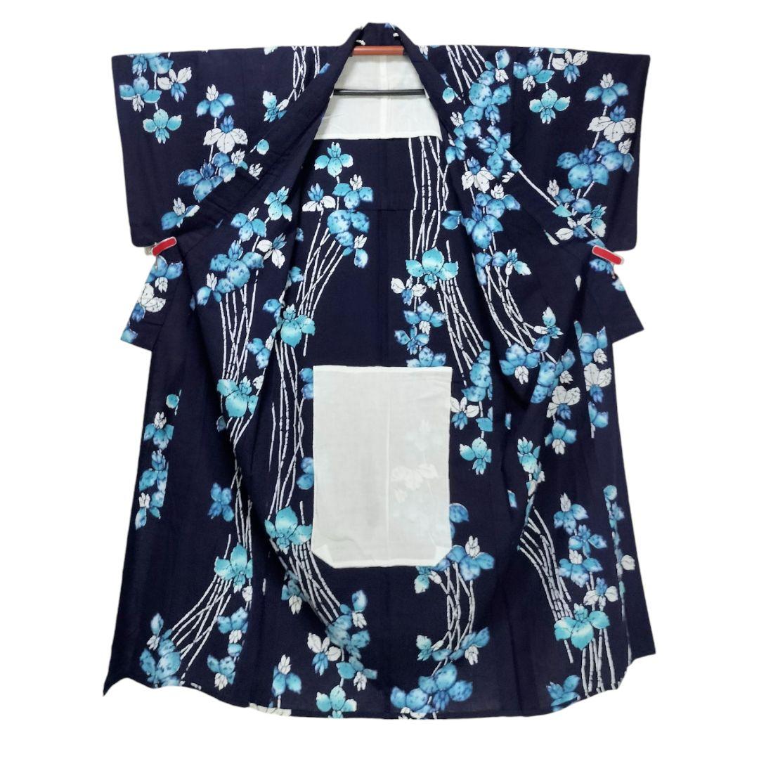 【浴衣】あやめ模様　菖蒲　水色　草花　藍染 注染　紺　ネイビー レトロ　古典 綿