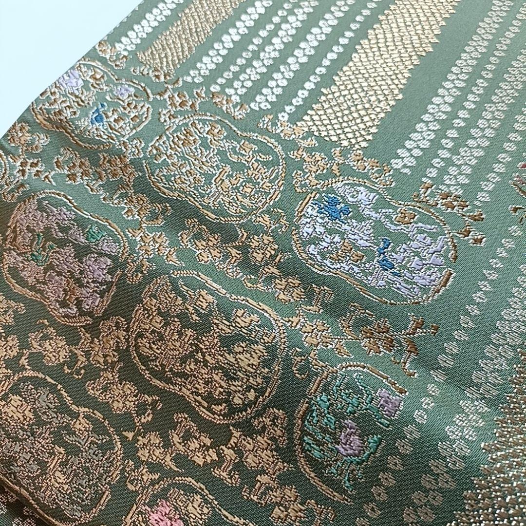 1990 華 袋帯 市松 縞 唐草 抽象 抹茶 金 - メルカリ