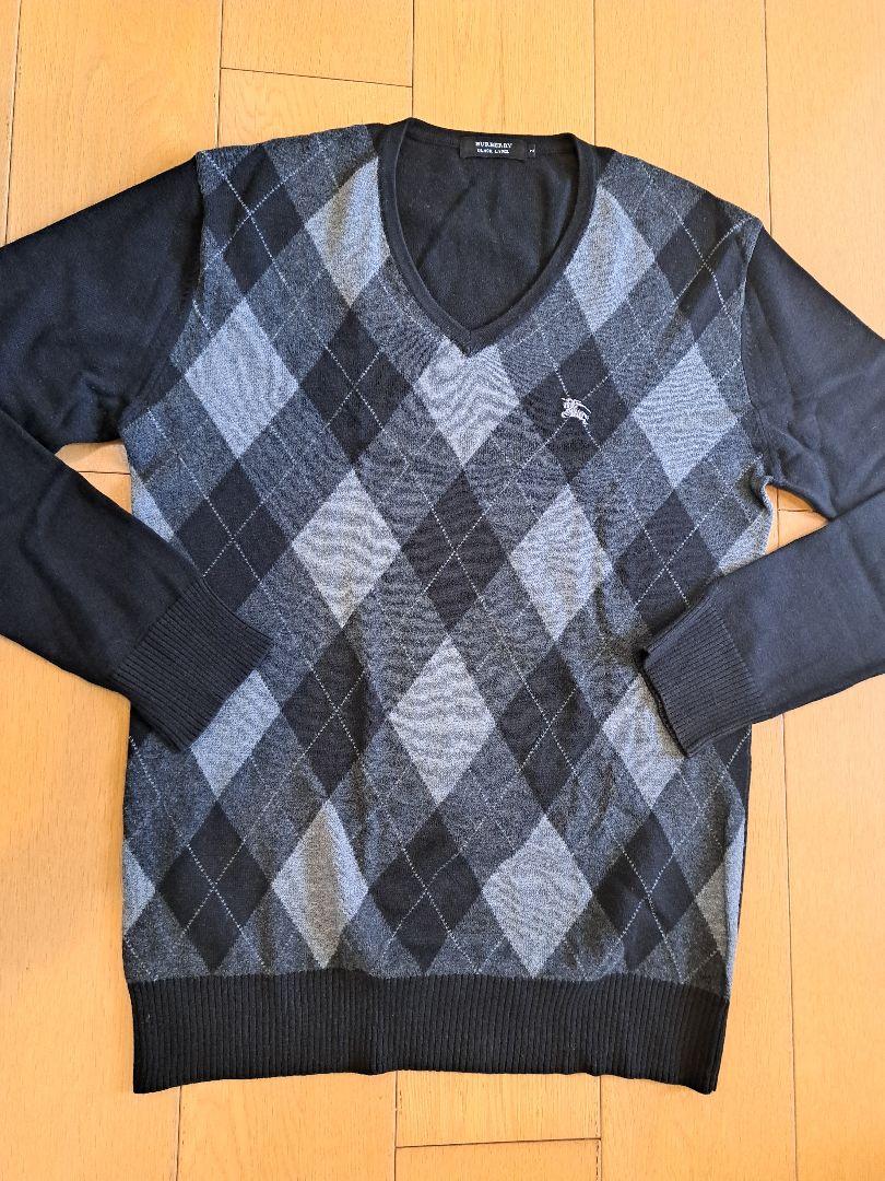 美品】2(M)アーガイルニットセーターBURBERRY BLACKLABEL黒
