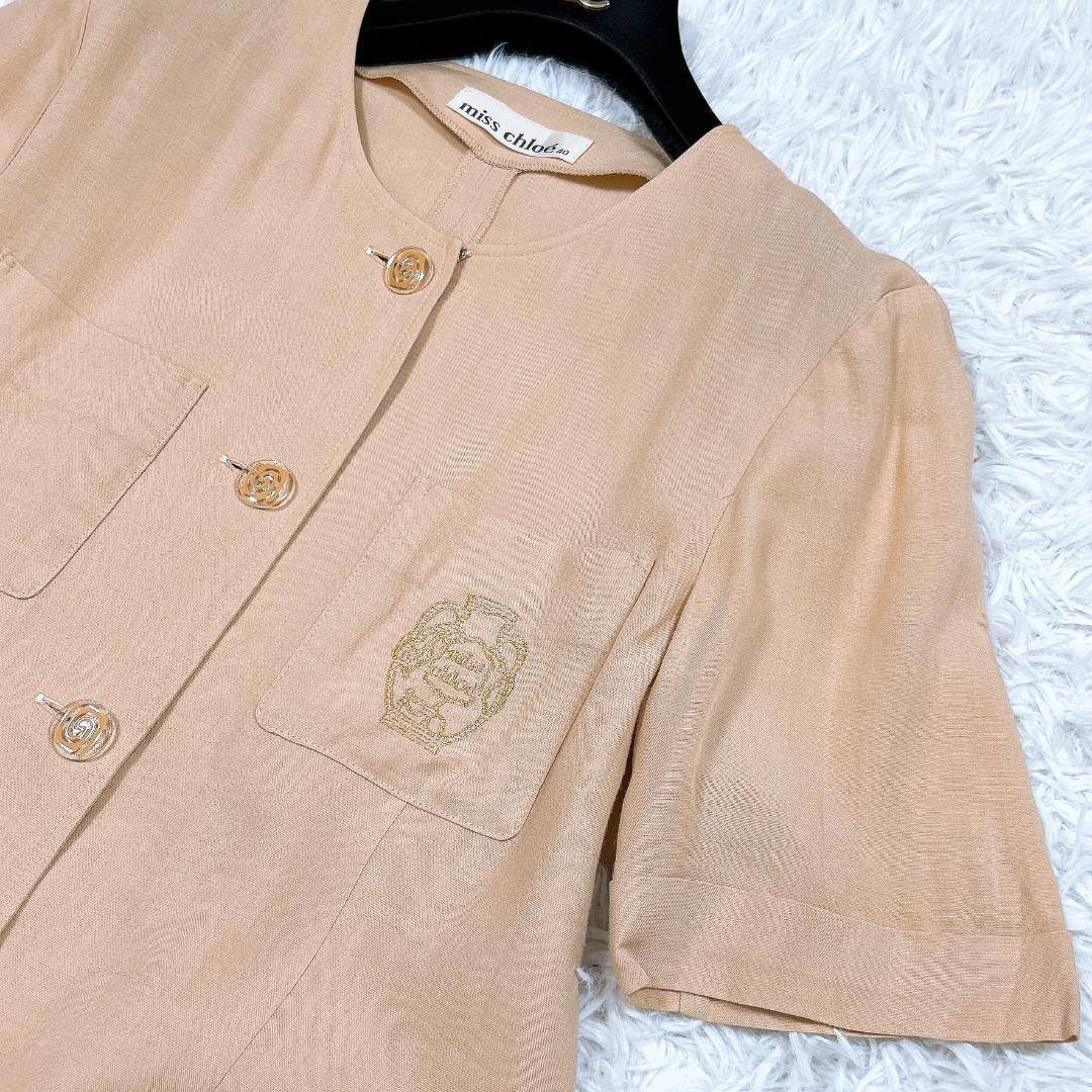 【美品】刺繍ロゴ ミスクロエ スカートセットアップ 麻混 半袖ブラウス　40