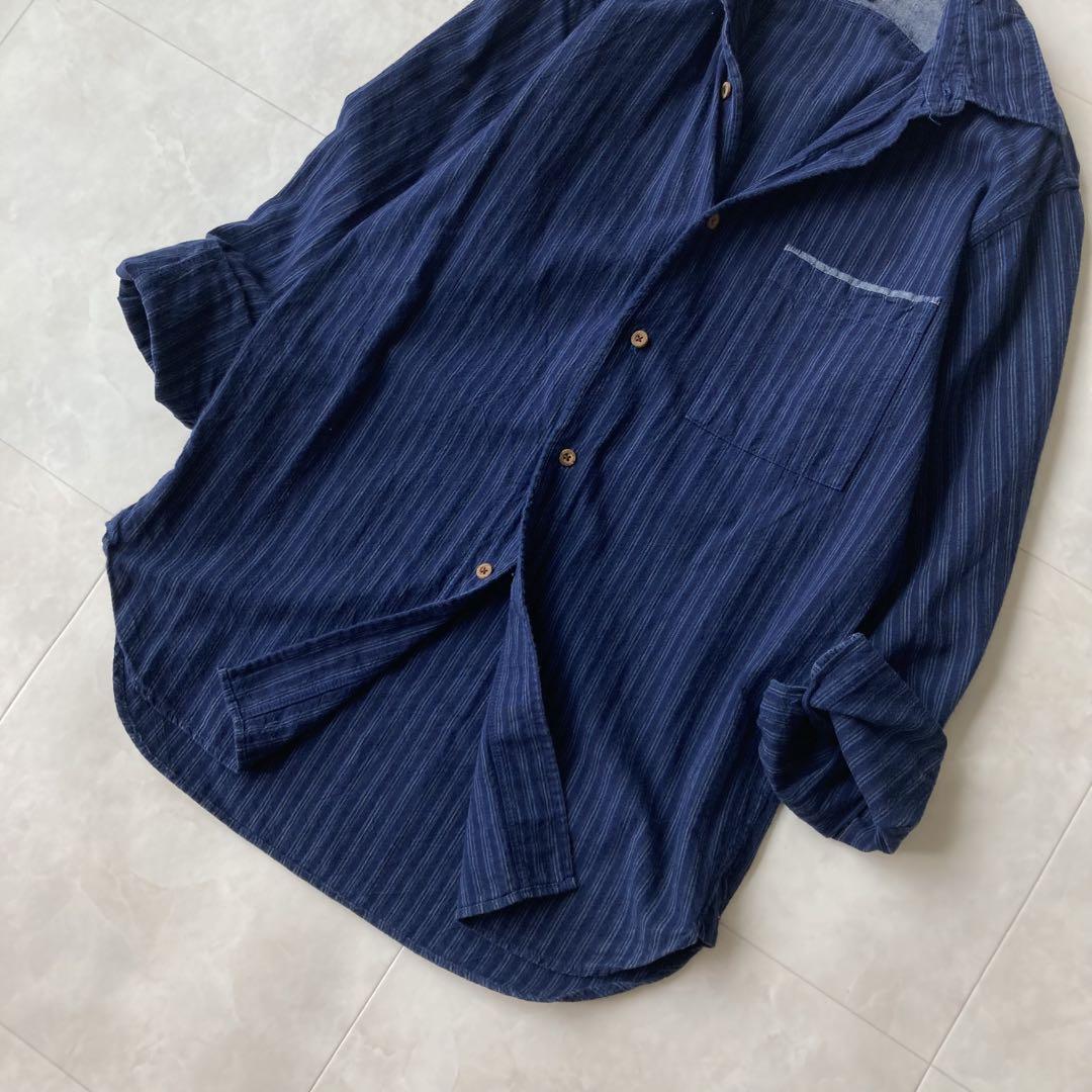 美品✨45R インディゴピンストライプ長袖シャツ コットン 日本製 1