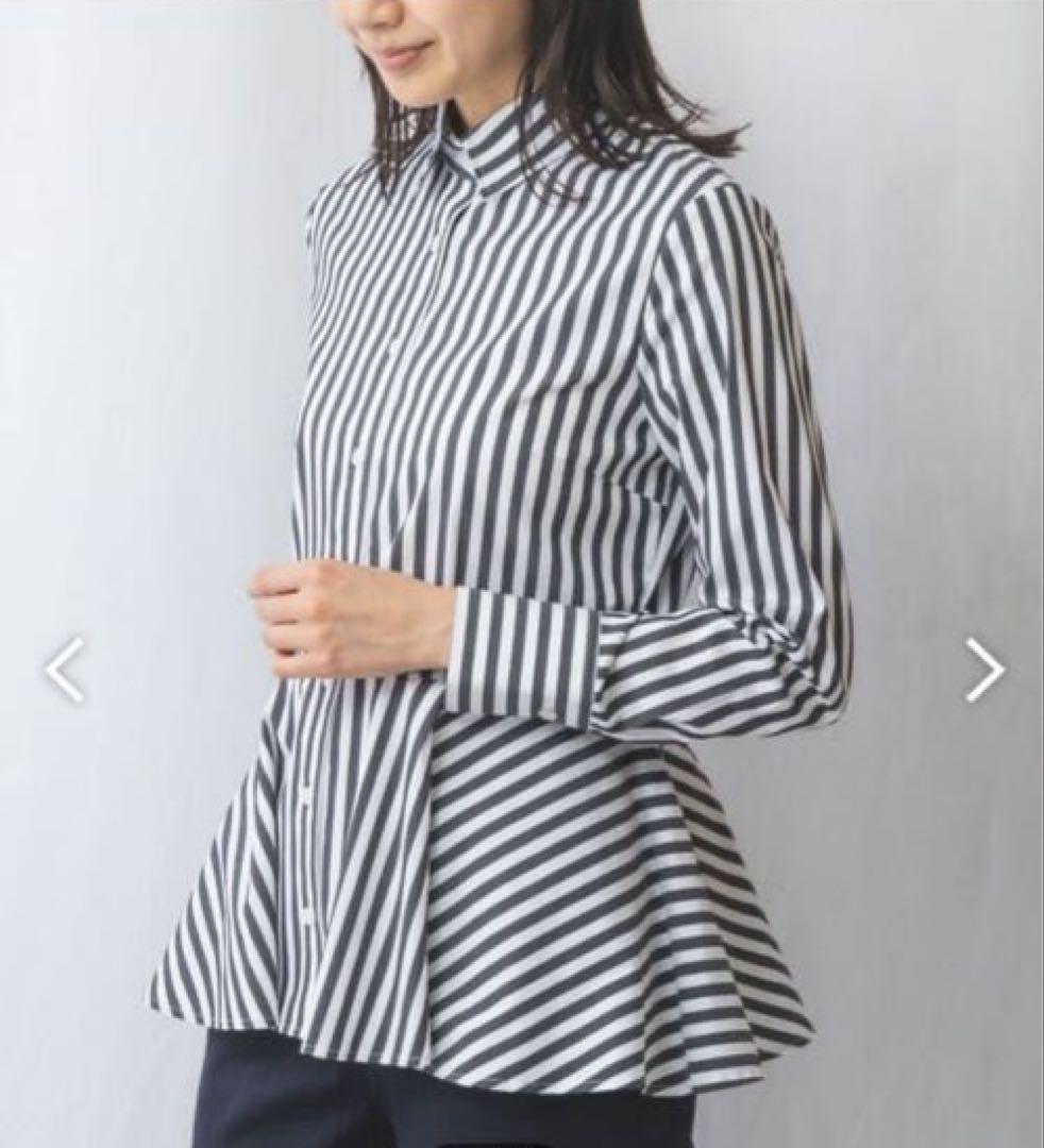 【ナラカミーチェ】ストライプへプラム長袖シャツ　レギュラーカラー　体型カバー　Ⅰ