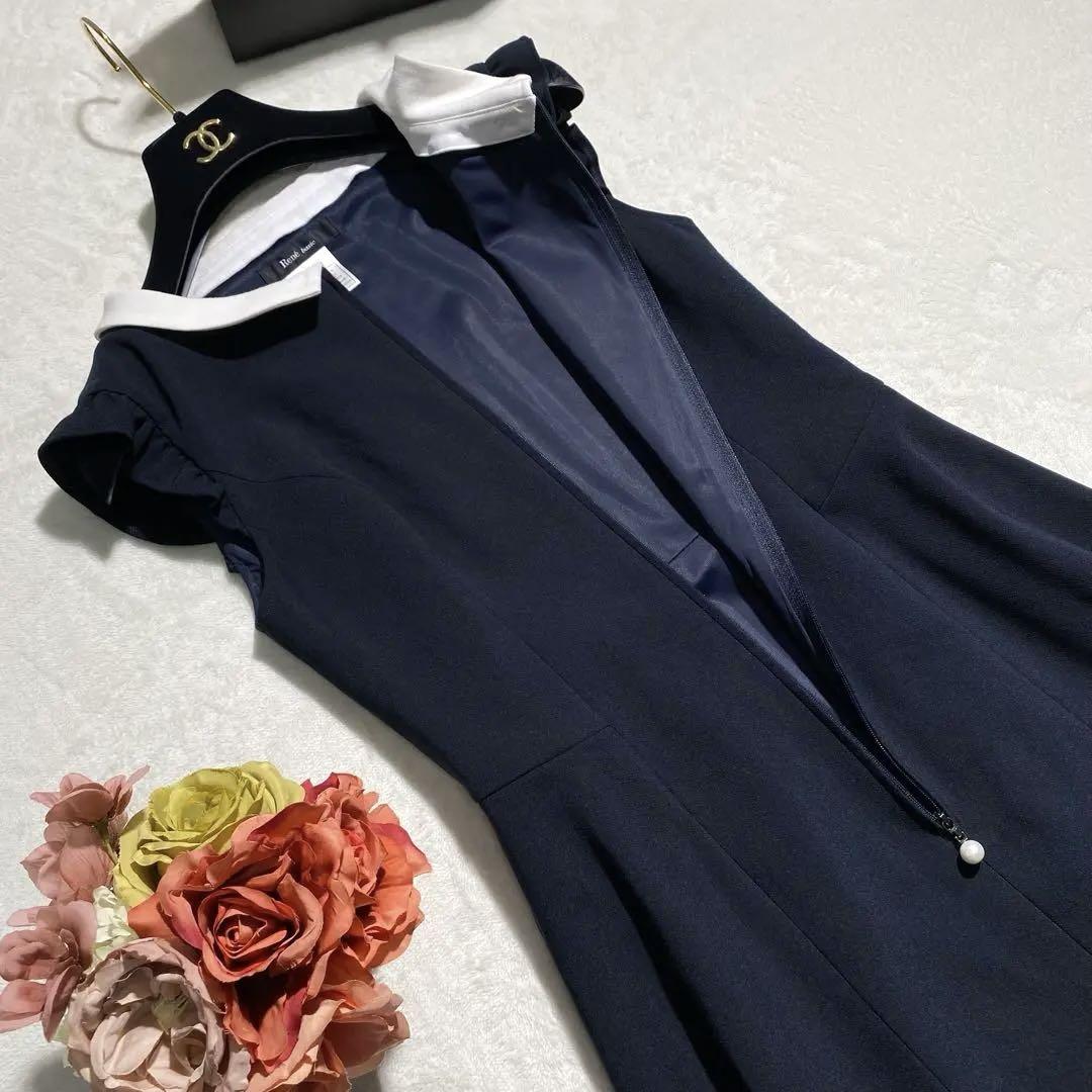 美品✨Rene 2020 白襟 パール ひざ丈ワンピース ダークネイビー 34S