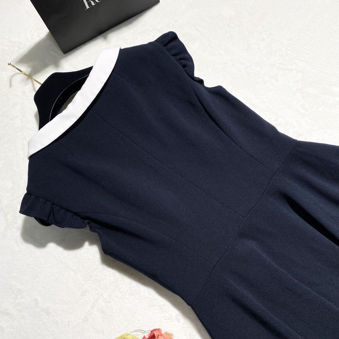 美品✨Rene 2020 白襟 パール ひざ丈ワンピース ダークネイビー 34S