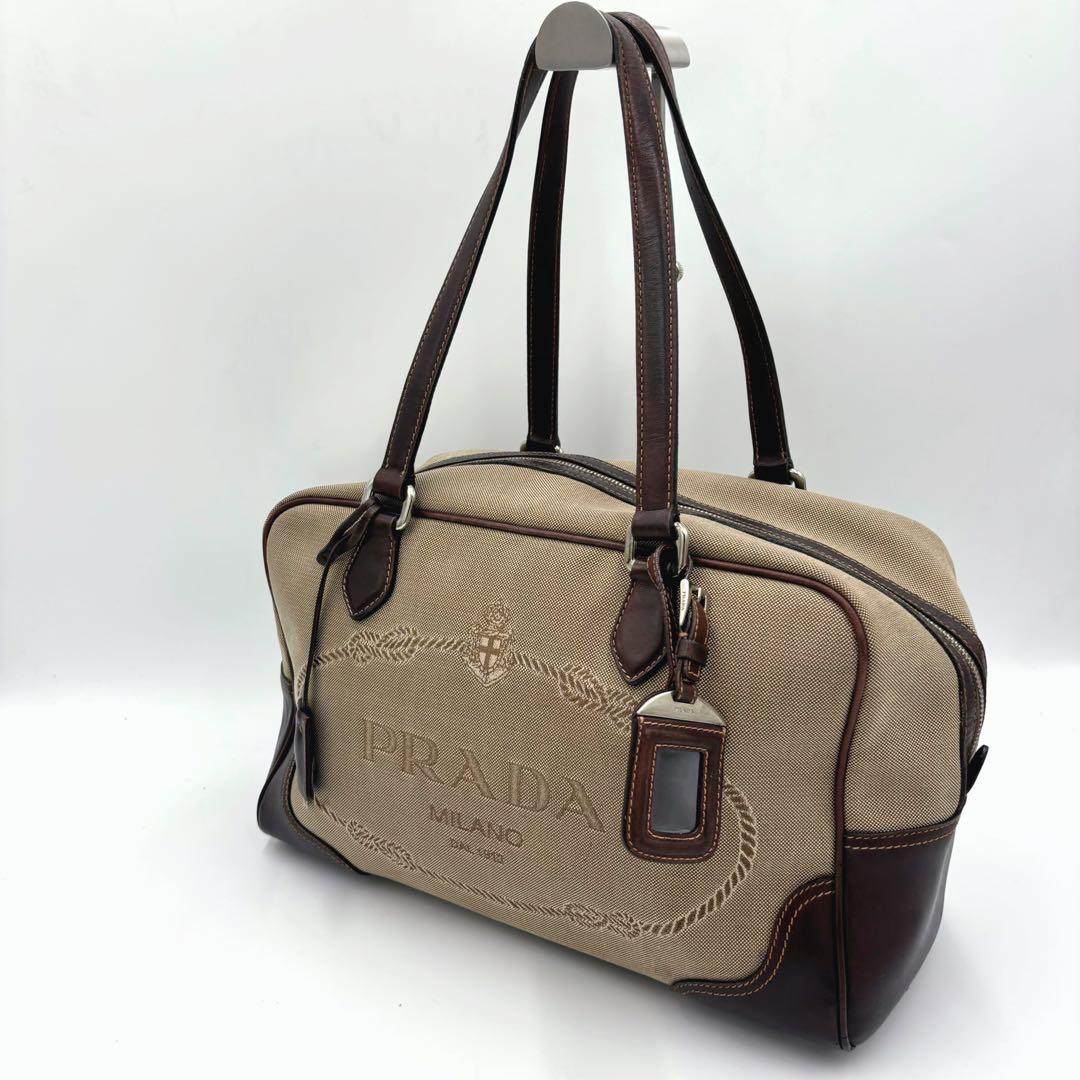【冬バーゲン★特別送料無料！】 PRADA プラダ レザー×ジャガード ボストンバッグ ハンドバッグ バッグ