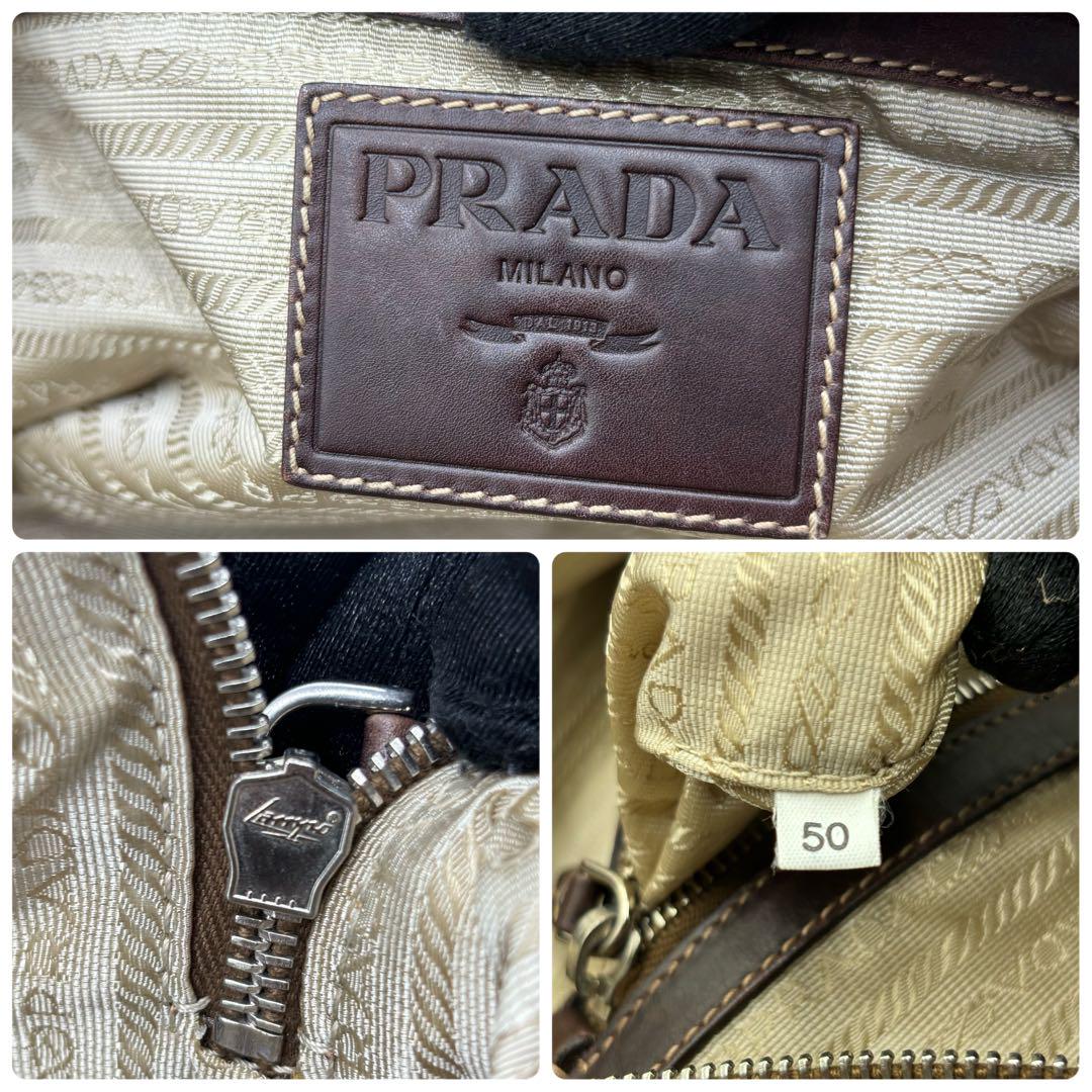 PRADA プラダ レザー×ジャガード ボストンバッグ ハンドバッグ